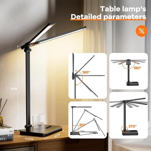 Desk Lamp with USB Charging Port & 【Adapter】, 17IN Tall LED Desk Lamps for Home - Picture 3 of 6